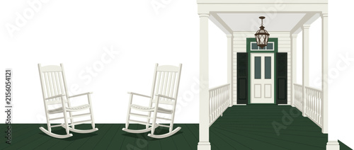 Two rocking chairs on a porch with a classic southern house entrance