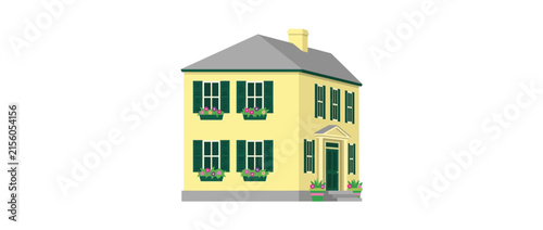 Isolated Yellow Two-Story House with Green Shutters and Flower Boxes