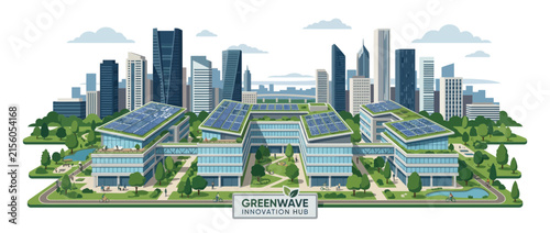 Modern Eco-friendly Business Campus with Solar Panels and Green Spaces