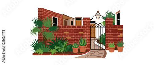 Brick Courtyard Entrance with Wrought Iron Gate and Lush Greenery