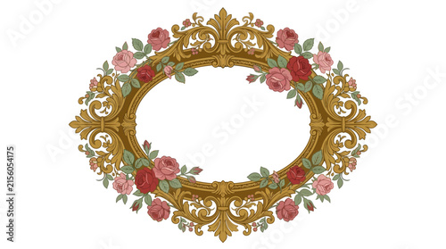 Ornate Gold Oval Frame with Roses, Isolated