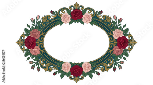 Ornate Oval Floral Frame with Roses, Vintage Decorative Border Isolated
