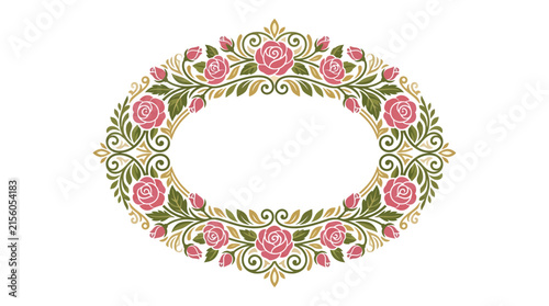 Oval Floral Frame with Roses, Leaves, and Swirls - Isolated