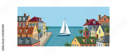 Sailboat on Water Near Colorful Coastal Town Houses, Tropical Palms