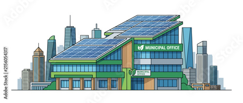 Green Municipal Office Building with Solar Panels in City Skyline