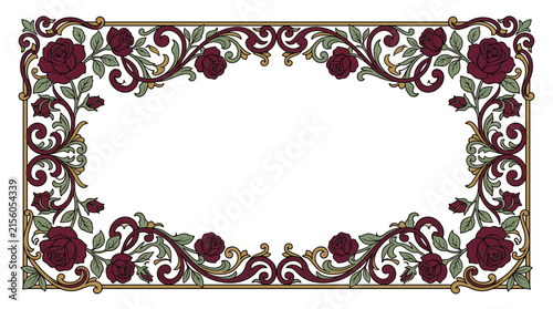 Ornate Floral Border Frame with Burgundy Roses and Green Leaves Isolated
