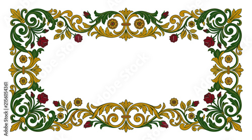 Ornate Floral Border Frame with Roses and Swirls - Isolated