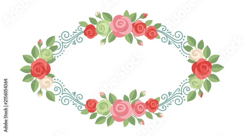 Oval Floral Frame with Roses and Leaves, Isolated Transparent Background