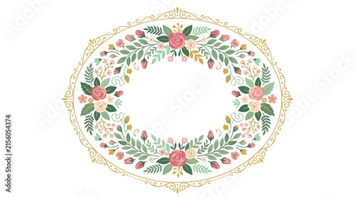 Oval Floral Wreath Frame with Roses and Greenery, Isolated