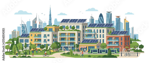 Sustainable Cityscape with Solar Panels, Green Spaces, and Modern Architecture