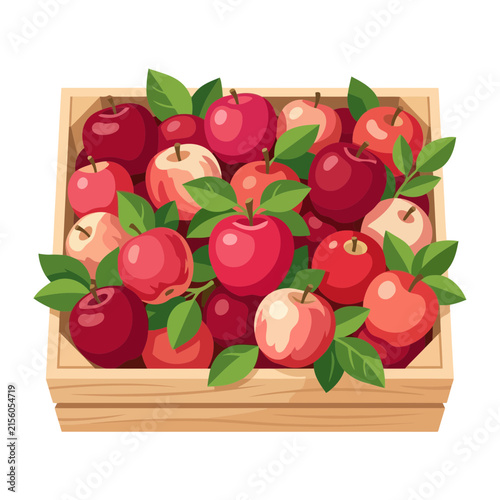 A wooden crate filled with fresh red apples and green leaves