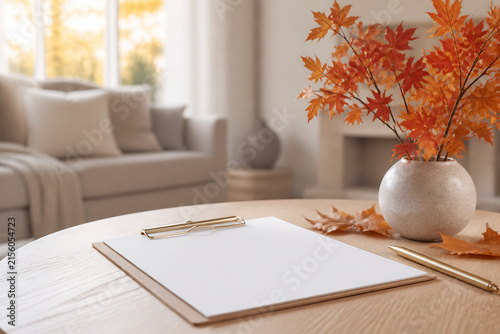 A white notebook and pen rest on a wooden table in a bright, cozy living room with autumn foliage nearby.