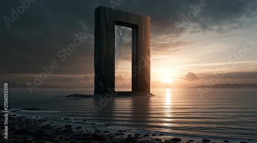 Monumental weathered stone doorway standing alone beside an endless ocean at sunrise, revealing an unfamiliar sky filled with strange constellations and floating mountains beyond the mysterious portal
