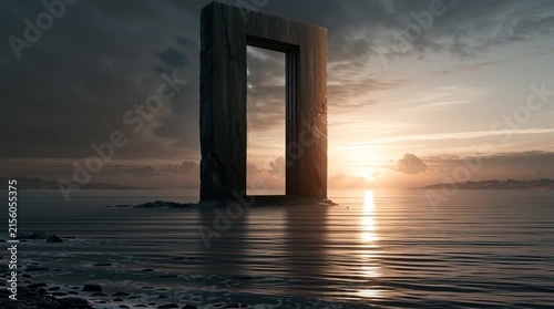 Monumental weathered stone doorway standing alone beside an endless ocean at sunrise, revealing an unfamiliar sky filled with strange constellations and floating mountains beyond the mysterious portal