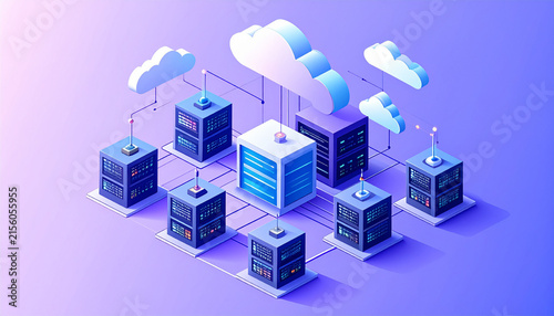 Server stacks moving from on premise building to cloud platform in migration illustration generative AI