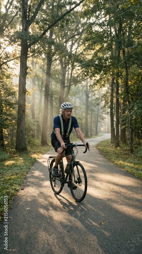 Senior man rides a bicycle on a paved forest path during a sunny morning. The scene promotes active aging and a healthy lifestyle in nature. Ideal for wellness or sports marketing.