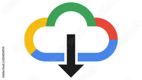 Colorful abstract cloud icon with a black downward arrow symbolizing cloud computing download, vector graphic illustration on white background suitable for tech web sites.