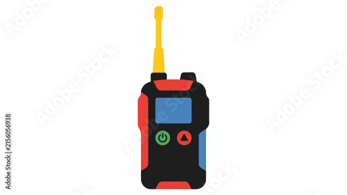 Modern flat design vector illustration of a black two-way radio sender featuring a yellow antenna, digital screen, power button, and colorful accents isolated on white background.