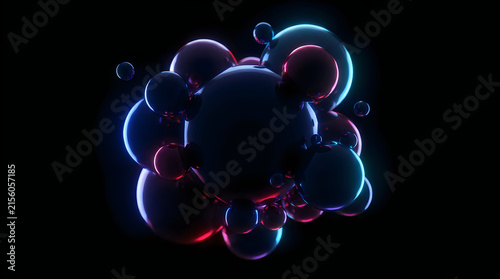 Colorful soap bubbles floating in dark space with glowing light effects