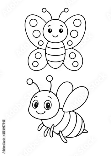 Cute Butterfly and Bee Coloring Page Set – Adorable Insect Line Art Illustrations