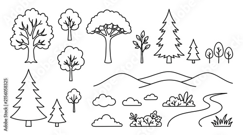 Cad tree line Hand drawn landscape illustration set. Vector outlines of pine and deciduous trees, bushes, rivers, hills and clouds. Doodle nature elements for design Vector