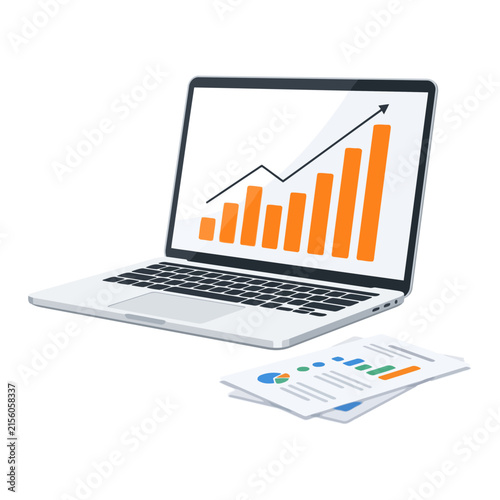 Laptop showing business growth chart isolated on white background