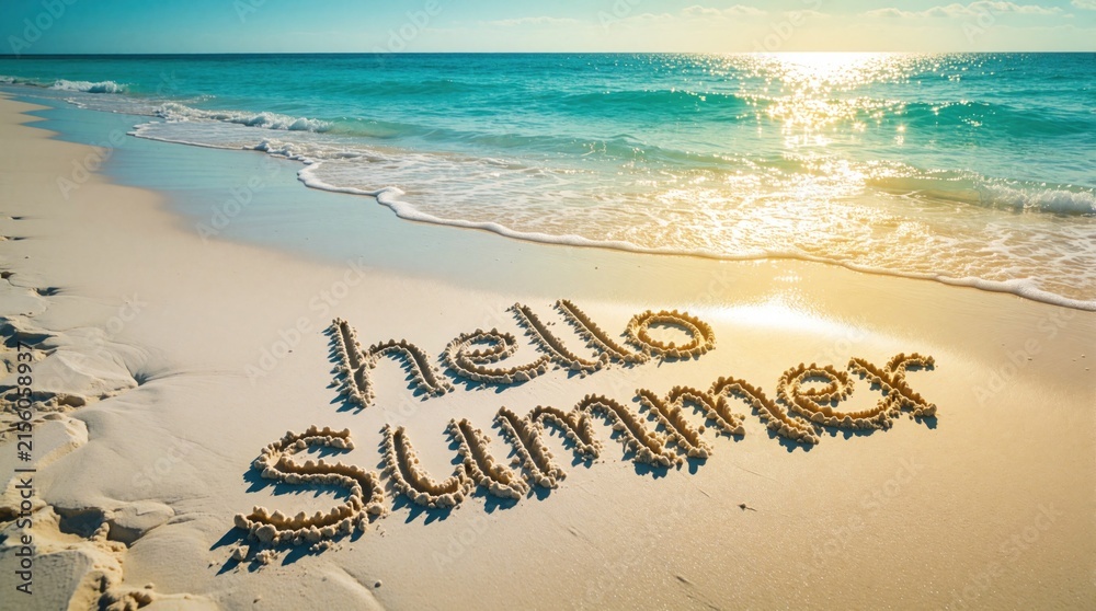 Fototapeta premium Hello Summer message written in wet beach sand. Turquoise ocean waves gently wash ashore under bright sunlight. Idyllic coastal scene welcomes warm season holidays.