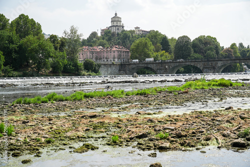 Low water levels in the Po River in Turin, Italy, amid drought and prolonged high temperatures during the exceptionally hot summer of 2026.