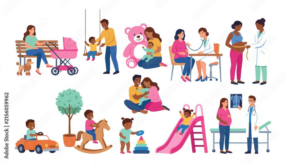 Fototapeta premium Pregnancy care and happy family vector illustration set with medical doctor checkup child play and parenting concepts