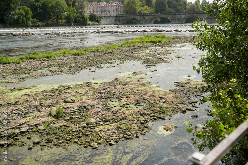 Low water levels in the Po River in Turin, Italy, amid drought and prolonged high temperatures during the exceptionally hot summer of 2026.