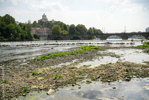 Low water levels in the Po River in Turin, Italy, amid drought and prolonged high temperatures during the exceptionally hot summer of 2026.
