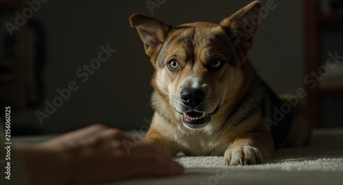 A mixed breed corgi dog showing teeth and defensive behavior toward a human hand in low light setup, representing domestic pet aggression, animal warning signs, obedience training, and canine stress.