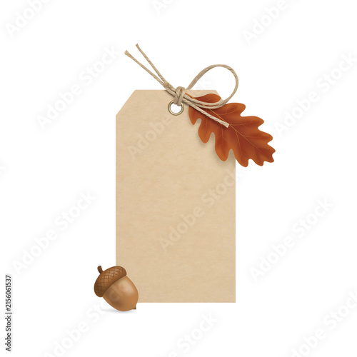 Blank paper gift tag with autumn oak leaf and acorn during fall season Isolated on transparent background