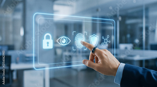Security icons displayed on a transparent screen with a hand interacting