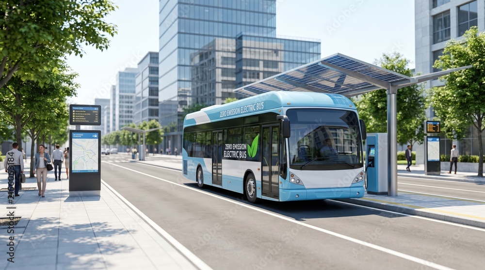 Naklejka premium Zero emission electric city bus travels along a modern urban street, sustainable public transport, clean mobility, electric vehicle, green city infrastructure.
