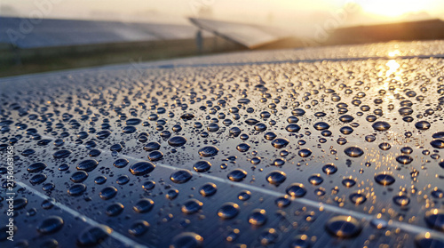Solar panel surface covered in water droplets at sunset close up view