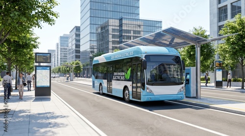 Zero emission electric city bus travels along a modern urban street, sustainable public transport, clean mobility, electric vehicle, green city infrastructure.