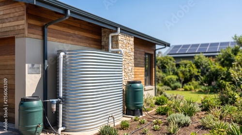 Large rainwater harvesting tank installed beside a modern sustainable house, water conservation, eco friendly home, resource management, green living.
