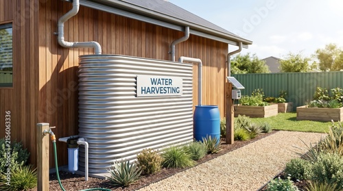 Large rainwater harvesting tank installed beside a modern sustainable house, water conservation, eco friendly home, resource management, green living.