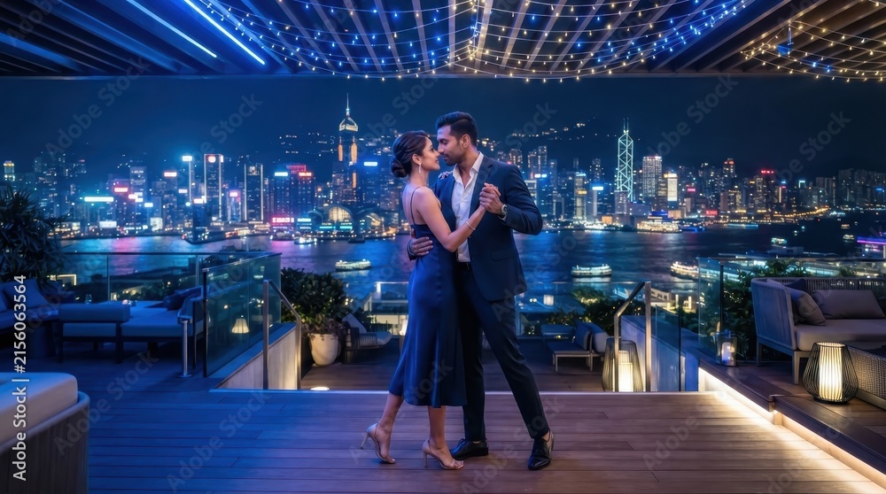 Fototapeta premium Couple dancing on a rooftop terrace with a stunning city skyline at night