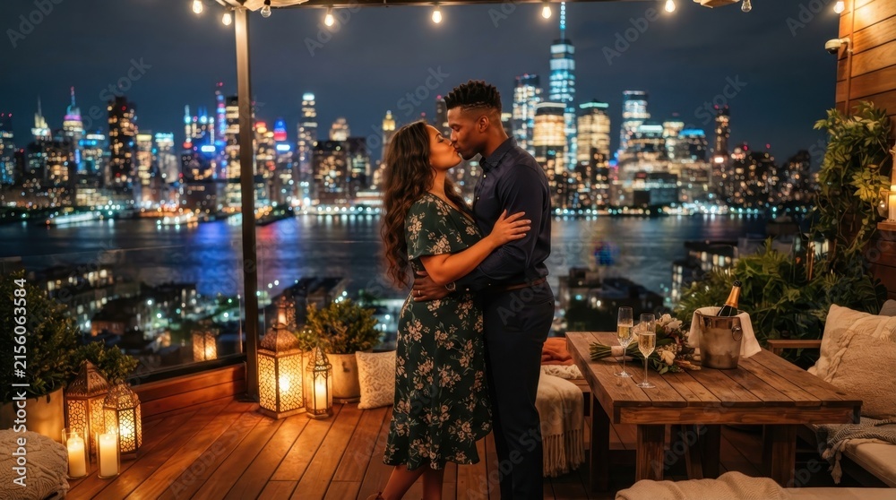 Fototapeta premium Romantic couple kissing on a rooftop balcony with New York City skyline at night