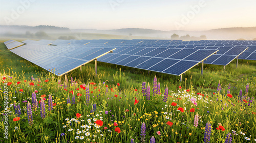 Solar panels stretch across a green field with wildflowers at sunrise
