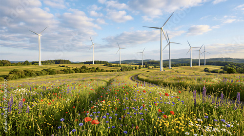 Wind turbines stand amidst a wildflower meadow under a blue sky