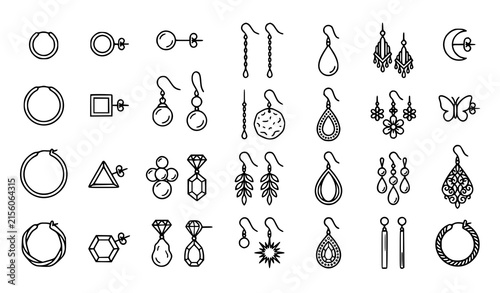 Decorative earring outline collection featuring hoops, studs, dangling designs, gemstones, pearls, floral motifs and fashionable accessories