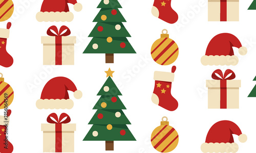 Seamless Christmas Pattern with Santa Hats, Gift Boxes, Christmas Trees, Ornaments and Stockings