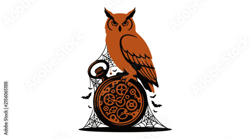 Foto Steampunk Owl Pocket Watch Halloween Gothic Silhouette Vector Duotone Orange Spo
