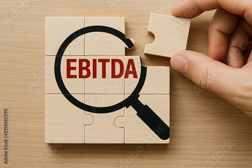 Jigsaw puzzle with a magnifying glass over the word EBITDA a financial concept
