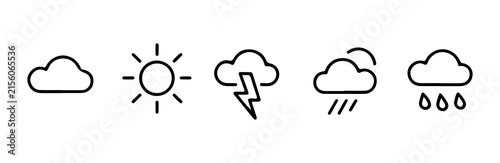 Outline weather icons including sun cloud rain and lightning.