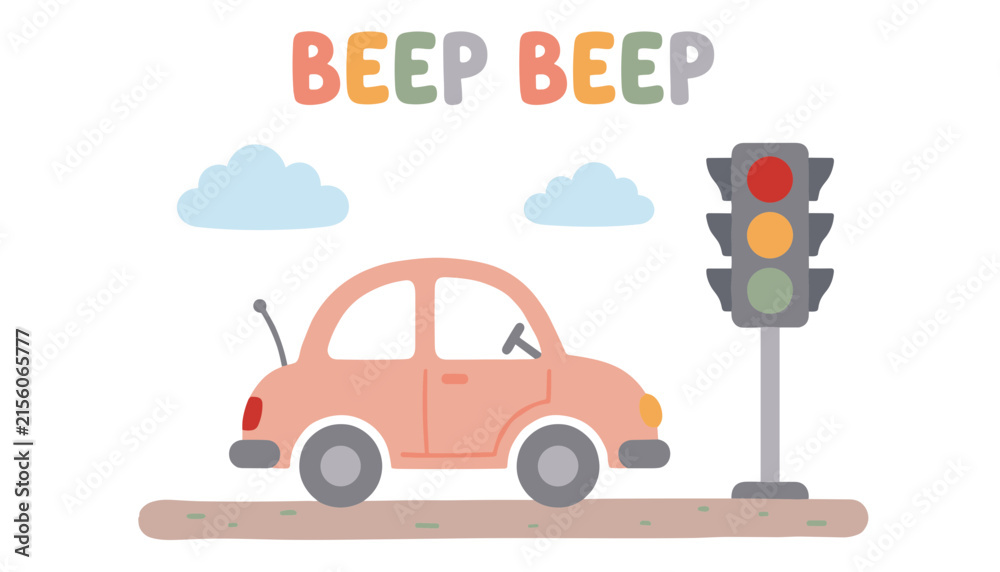 Naklejka premium Cute pink toy car with traffic light and clouds hand drawn vector illustration isolated on white background for nursery print poster