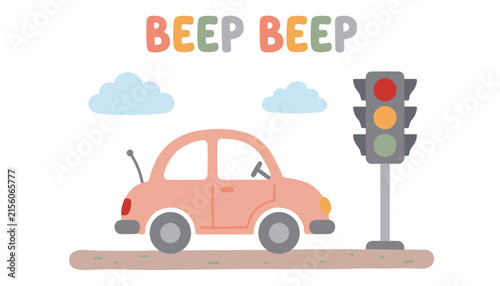 Canvas Print Cute pink toy car with traffic light and clouds hand drawn vector illustration i